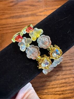 Crystal Flower and Gold-Tone Beaded Stretch Bracelet - Yellow, Clear, Pink